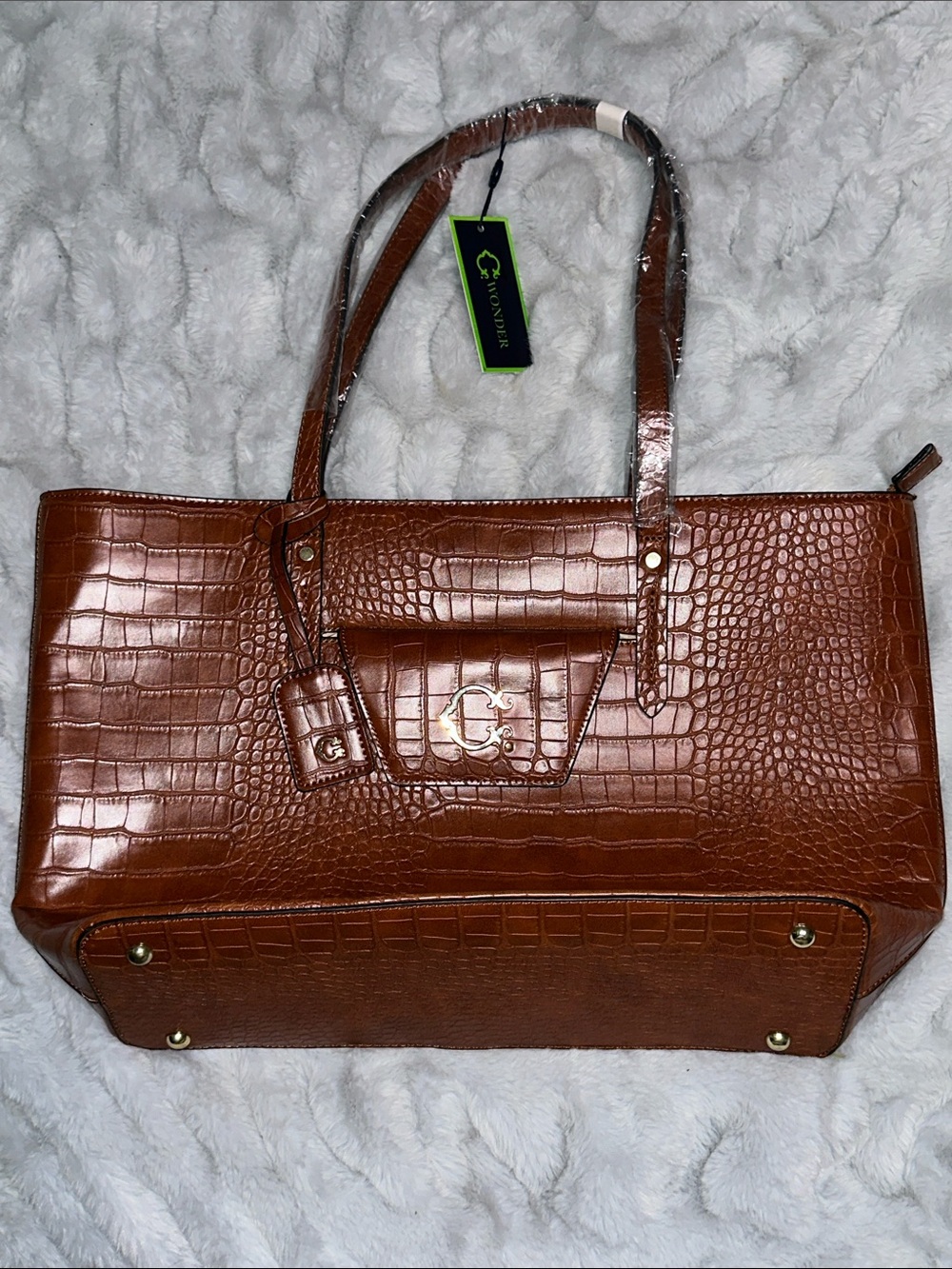 C. Wonder Cognac Croc-Embossed Tote with Gold Hardware